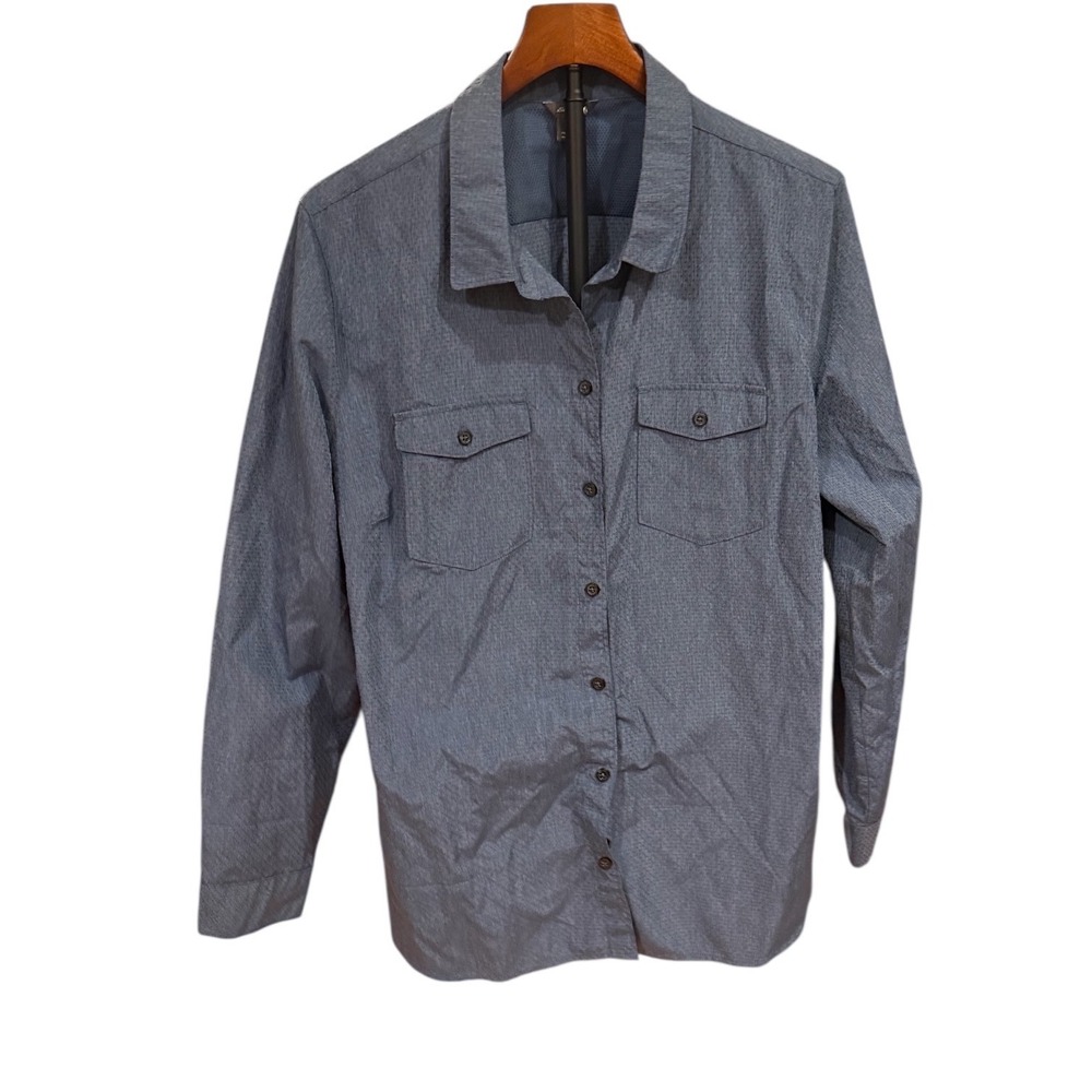 Eddie Bauer Womens 2XL Blue Textured Button Up Roll Tab Sleeve Hiking Shirt Gorp